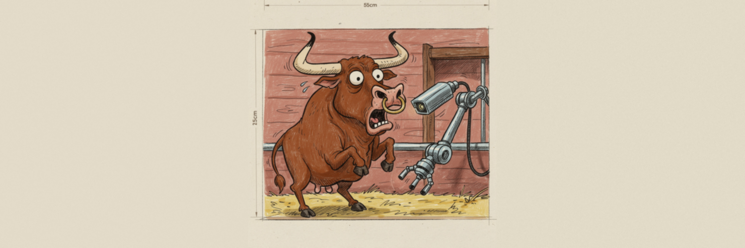 A caricature bull recoils in shock from a chrome robotic milking arm reaching toward him in a barn stall.